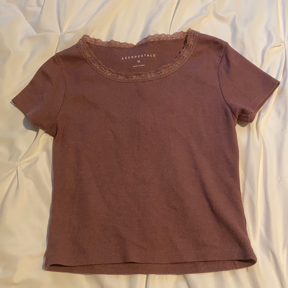 size medium short sleeved purple top, lace neck